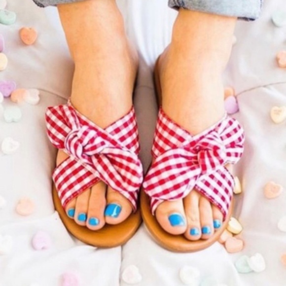 Shoes - Boho Plaid  Bow Slip on Casual Sandals